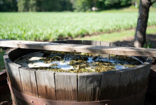Rustic wooden barrel with foamy liquid and herbs, in a green field setting