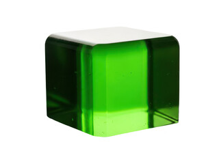 Fototapeta premium Glowing emerald green translucent glass cube with smooth edges and vibrant gradient lighting isolated on transparent background