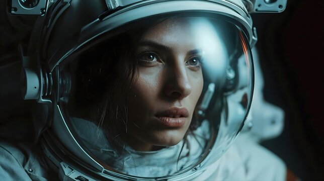 Portrait d'une femme astronaute dans son casque spatial futuriste