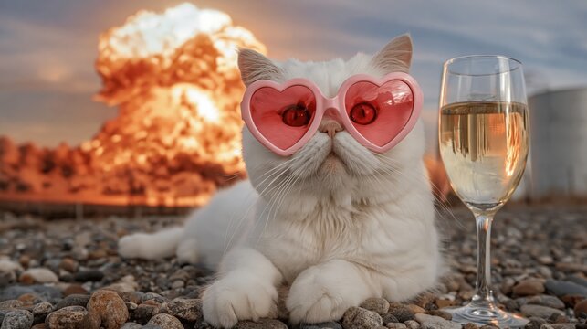 Chat avec lunettes en forme de c&oelig;ur pr&egrave;s d'une fl&ucirc;te de champagne