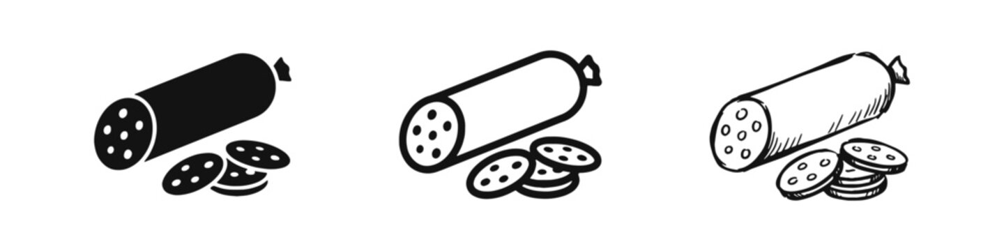 Salami Sausage Meat Icon Set Solid Outline and Hand Drawn Styles