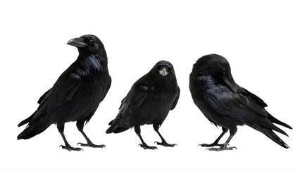 Fototapeta premium Three black crows standing on a transparent background with a white backdrop