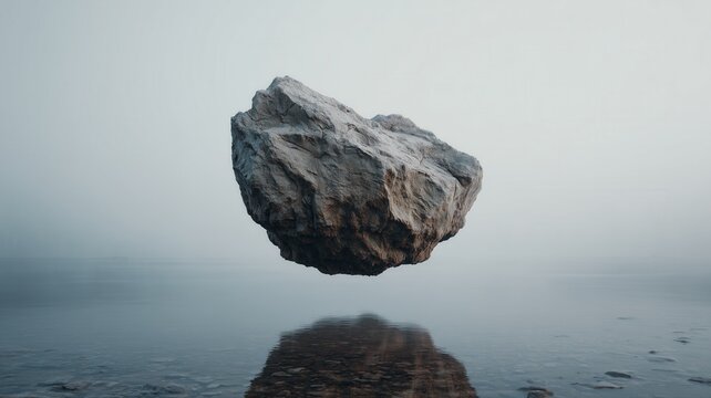 水面の上に浮かぶ大きな岩。幻想的な風景や抽象的なコンセプト表現に適した素材