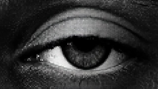 Human eye morphing into digital pixels. Close-up glitch effect on eyeball transitioning from clear to pixelated. Cyber vision animation showing distortion sequence