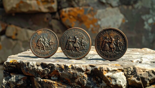 Three tarnished copper coins depicting ancient armies clashing in battle are displayed on a piece of rough hewn stone, capturing the essence of historical military artistry and antiquity.