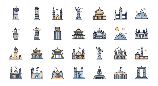 Set of Famous Landmark Icons: World Architecture, Travel, Culture, and Tourism