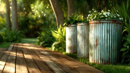Three rustic trash cans adorned with delicate white flowers sit in a vibrant green garden, symbolizing the beauty of nature even in the most unexpected places.