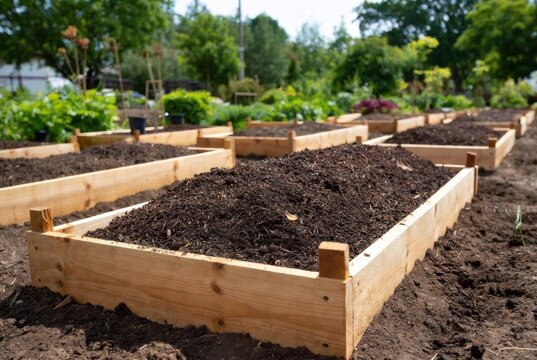 Newly constructed wooden raised garden beds filled with rich soil, ready for planting.