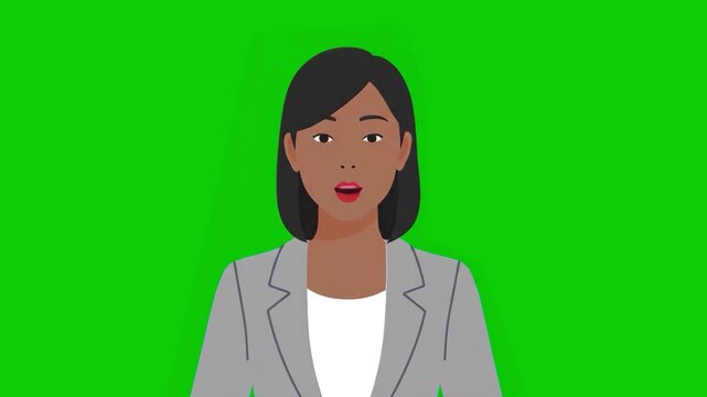 A professional black woman in a gray blazer speaks directly to the camera on a chroma key green background. This animated clip is perfect for corporate explainers and commercial video production.