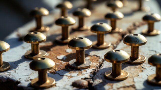 Antique brass mushroom-shaped studs on weathered, peeling white surface, close-up macro