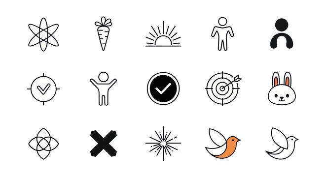 Set of Simple Icons: Atom, Carrot, Sunrise, Human, Target, Dove, Rabbit