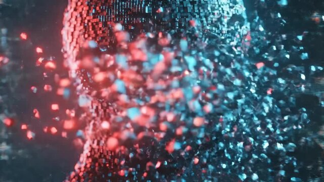 Digital human head emerging from dispersed glowing particles. Abstract profile in blue and red voxels forming solid shape. Futuristic animation concept for ai identity and cyber technology