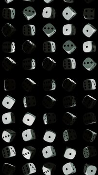 Seamless pattern of rotating white dice on black background, modern 3D gambling animation with dynamic camera movement