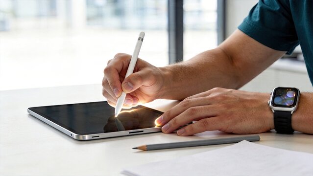Business man using digital tablet with stylus pen for work modern technology office workspace smart watch on wrist creative design tool remote working concept high tech digital
