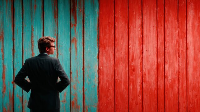 A businessman stands facing a split color wall, one half vibrant blue and the other bright red, indicating contrasting choices or paths in a corporate environment.