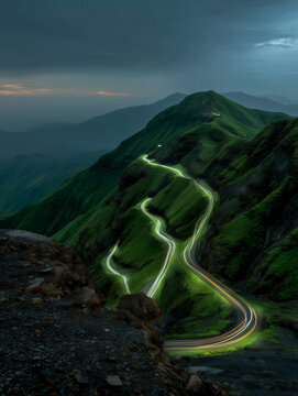 a winding glowing green road going up a mointain side in the dusk towards a sumit - Pathways concept, reaching your goals