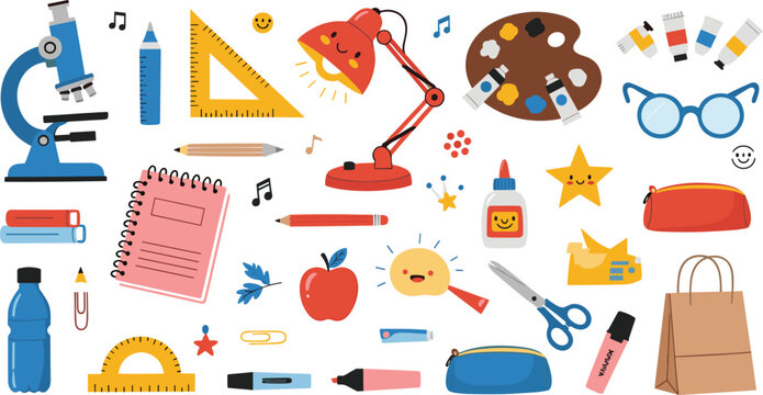 
Colorful Flat Style Back to School Vector Set with Microscope Lamp Palette Notebook Apple Scissors and Fun Supply Icons