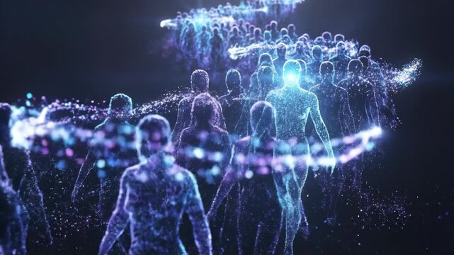 Ethereal crowd gathering into unity circle. Blue glowing silhouettes forming connected group. Digital human network and futuristic community concept