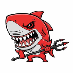 Angry Red Shark Character Holding a Trident. © Dong