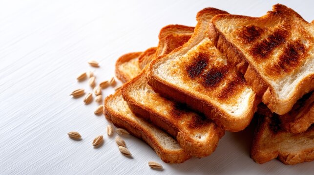This mouthwatering image features an enticing stack of freshly toasted bread slices, highlighting their golden-brown perfection and inviting texture, ideal for food photography.