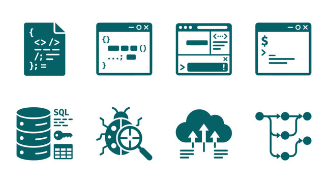 A collection of coding and programming icons illustrating various software development concepts