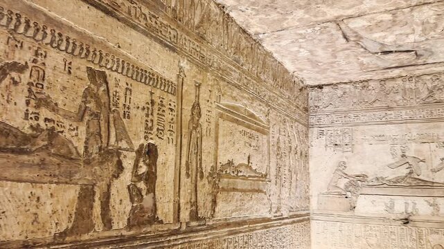 Beautiful bas-reliefs and ancient hieroglyphs from the Dendera Temple Complex, Qena, Egypt.