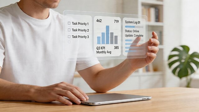 Businessman interacting with holographic data screen analyzing Q3 KPI charts managing task priority lists modern office workspace technology interface system log status online