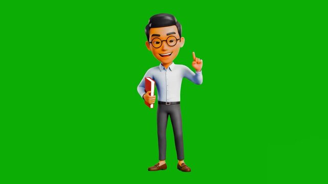 A 3D animated South Asian man with brown skin, dark hair, and glasses, holding a red book and pointing up. This professional educator mascot on a chroma key background is ideal for academic tutorials 