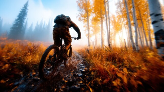 A cyclist navigating through a vibrant autumn landscape, capturing the spirit of adventure and the beauty of changing seasons in a vivid, dynamic environment.