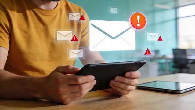 Businessman holding tablet receiving spam or scam emails with warning icons floating in front of device