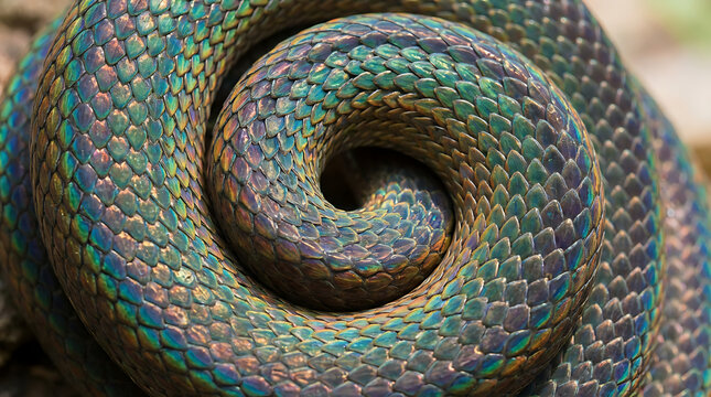 Close-up macro shot of a coiled snake's iridescent scales, displaying a stunning spectrum of rainbow colors and intricate patterns, showcasing nature's dazzling beauty and reptilian texture