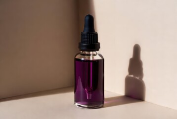 Naklejka premium Glass dropper bottle with purple liquid and dramatic shadow on neutral background