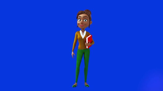 A 3D animated young woman in an orange sweater and green pants, holding a red folder and dancing cheerfully. The background is a flat, saturated royal blue, creating a professional yet energetic look 