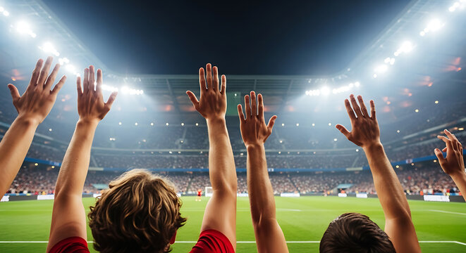 Excited soccer fans cheering with raised arms in a crowded stadium during a professional night match under bright floodlights with a blurred field background in a packed arena