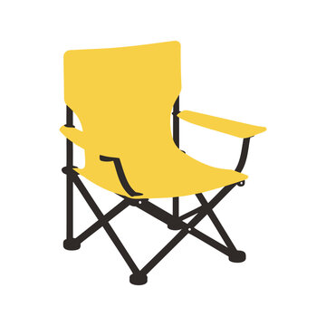 Bright yellow camping chair with foldable frame for outdoor relaxation in a flat design style