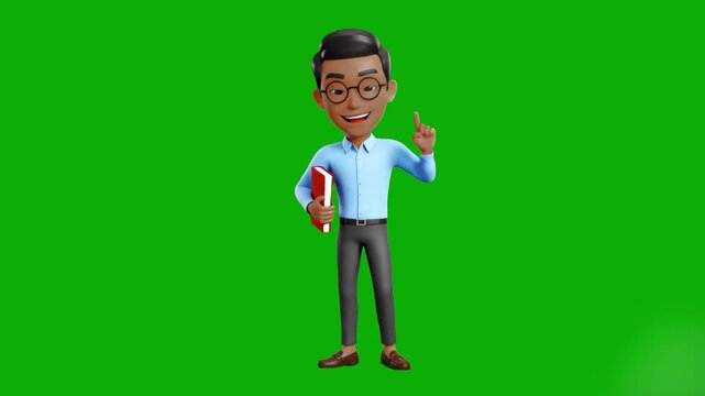 A smart 3D male character in a blue shirt and glasses, holding a red book and pointing up while dancing. Set against a solid, uniform chroma key green field, this animation is ideal for educational pl