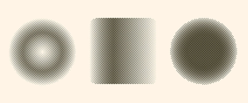 Abstract Geometric Circle and Square Shapes with Halftone Texture, Risograph Effect Vector Elements Background