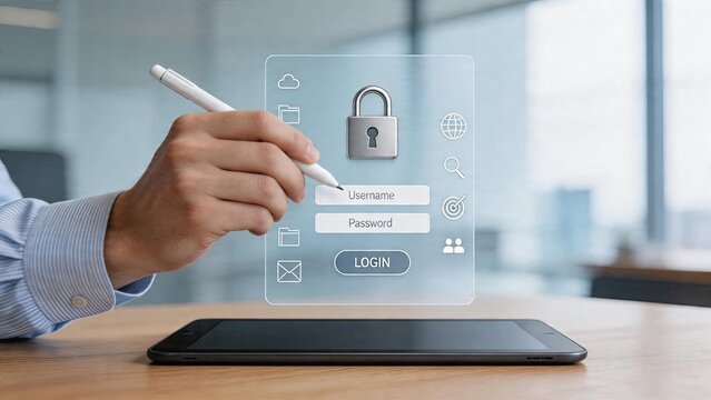 Businessman hand using digital tablet pen writing secure login credentials typing password for virtual interface application system screen accessing software cloud computing cyber