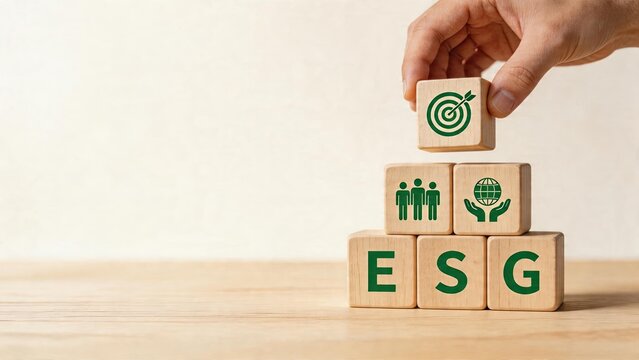 Business man hand placing cube with target icon above blocks spelling ESG symbols representing environment social governance sustainability goals strategy concept