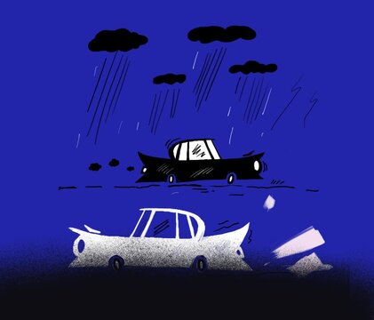 Illustration of retro cars in the rain
