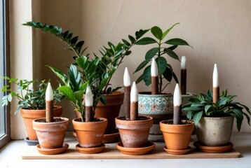 Fototapeta premium Indoor plants in terracotta pots with decorative white-tipped stakes on a windowsill