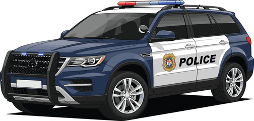 Realistic Blue and White Police SUV Patrol Car with Emergency Lights and Badge on White Background Design © MdRezaul