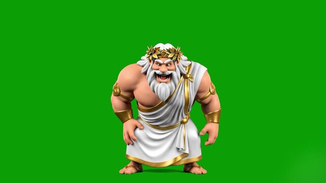 A powerful 3D stylized character of Zeus or a Greek god with a white beard and golden laurel wreath. He is performing an energetic dance move. The background is a solid chroma key green, allowing for 