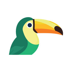 Naklejka premium Colorful cartoon toucan with yellow beak and green body on a white background