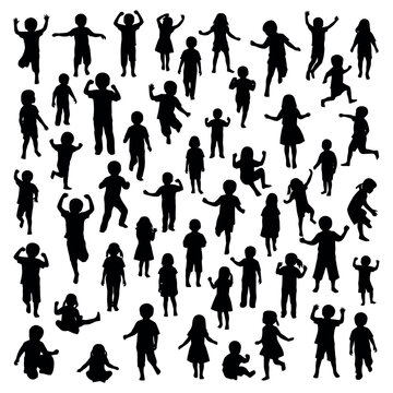 Set of happy children silhouettes playing and dancing
