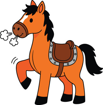 Cute Cartoon Brown Horse with Saddle Raising Leg and Breathing Steam on White Background Animal Design