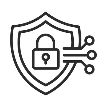 Black and white shield icon with a padlock and circuit board