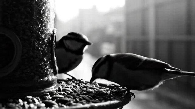Black and white close up of blue tits foraging for seeds in a bird feeder near a window