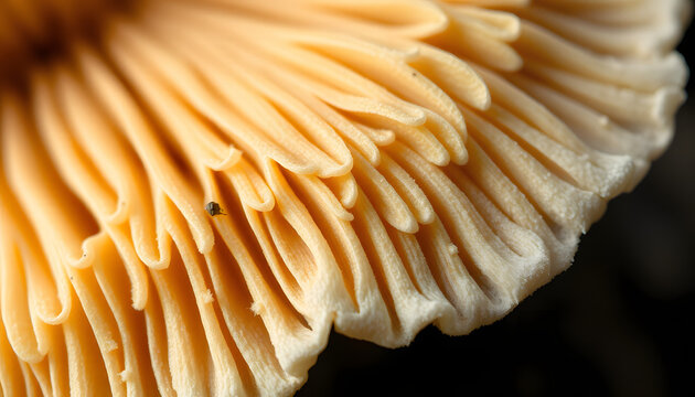 Close up of gills of oyster mushroom (Pleurotus ostreatus), hyperrealism. White tone