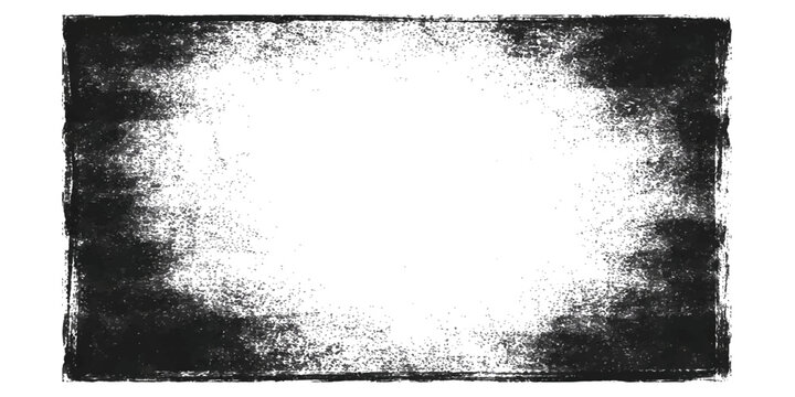 A vintage black and white grunge frame vector featuring a dirty ink splatter texture and rough paint brush strokes on an old paper design element for an artistic border decoration